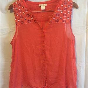 Sleeveless shear blouse, Rust color, purple/white